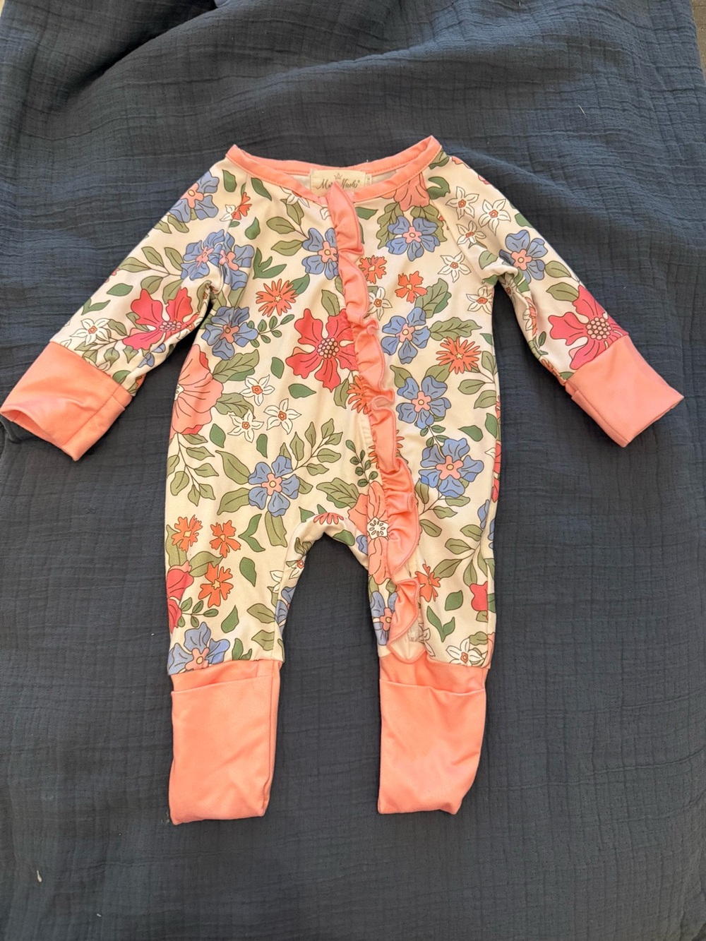 Floral Ruffle Trim Coral-Accent Baby One-Piece